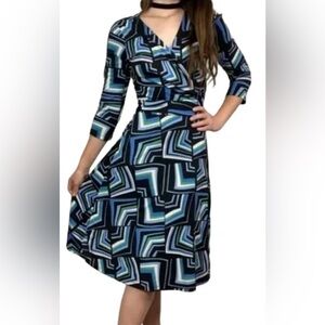 New York & Co. Dress Small A-Line Wrap V 3/4 Sleeve Blue Black